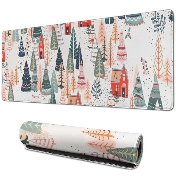 Long Mouse Pads for Desk,Christmas Tree and House Pattern Desk Mats on Top Of Desks, Desk Mouse Pad Extra Large with 3mm Non-Slip Base and Stitched Edge for Gaming,Office,Work,Home 31.5x11.8in