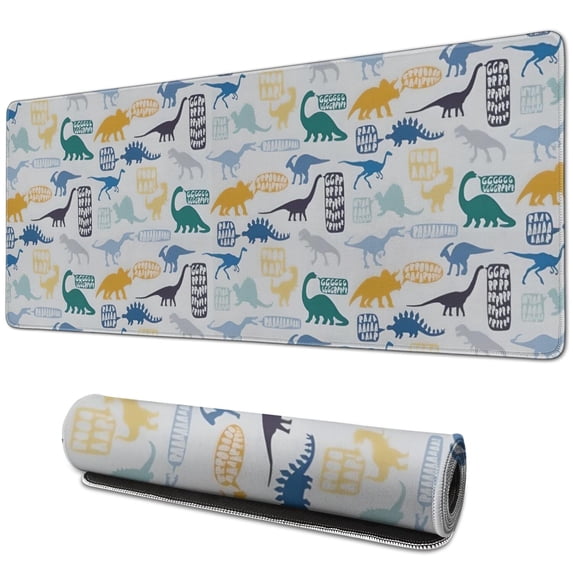 Long Mouse Pads for Desk,Colorful Cartoon Dinosaurs with Mixed Elements Desk Mats on Top Of Desks, Desk Mouse Pad Extra Large with 3mm Non-Slip Base and Stitched Edge for Gaming,Work,Home 31.5"x11.8"