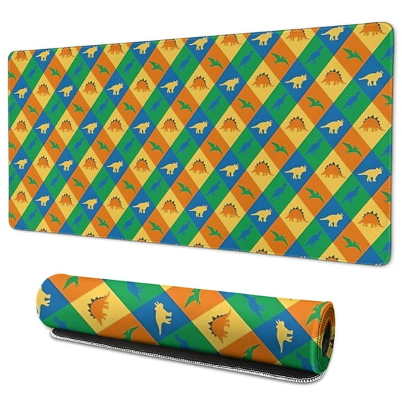 Long Mouse Pads for Desk,Colorful Checkered Dinosaurs Pattern Desk Mats on Top Of Desks, Desk Mouse Pad Extra Large with 3mm Non-Slip Base and Stitched Edge for Gaming,Office,Work,Home 35.4"x15.7"