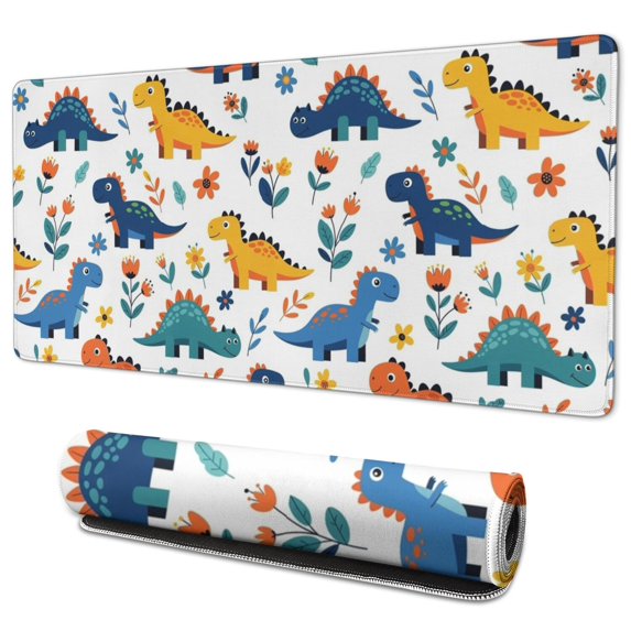 Long Mouse Pads for Desk,Colorful Dinosaur and Floral Pattern Desk Mats on Top Of Desks, Desk Mouse Pad Extra Large with 3mm Non-Slip Base and Stitched Edge for Gaming,Office,Work,Home 35.4"x15.7"