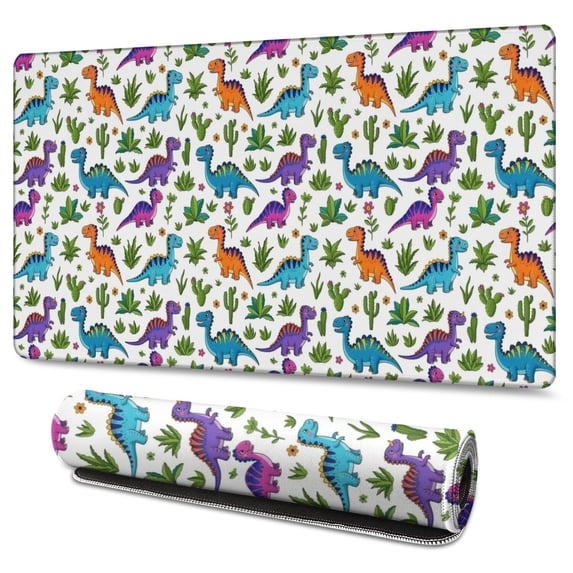 Long Mouse Pads for Desk,Colorful Dinosaurs Cactus Plants Pattern Desk Mats on Top Of Desks, Desk Mouse Pad Extra Large with 3mm Non-Slip Base and Stitched Edge for Gaming,Office,Work,Home 47.3"x23.6"