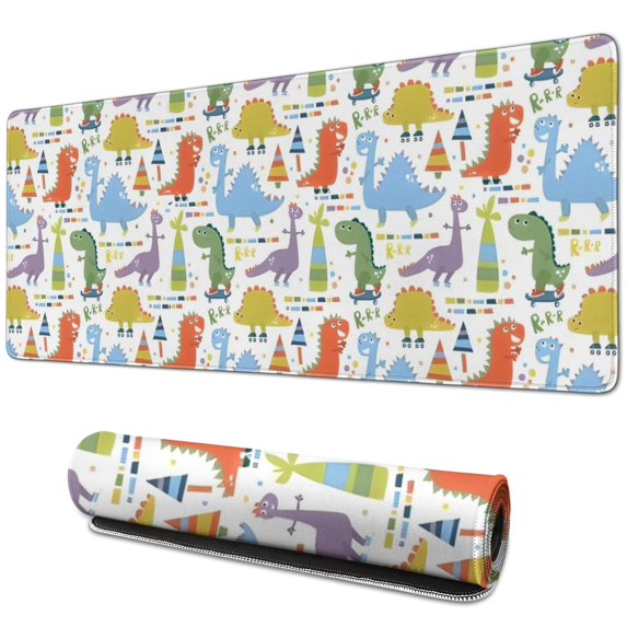 Long Mouse Pads for Desk,Colorful Dinosaurs Skating Pattern Desk Mats on Top Of Desks, Desk Mouse Pad Extra Large with 3mm Non-Slip Base and Stitched Edge for Gaming,Office,Work,Home 31.5"x11.8"