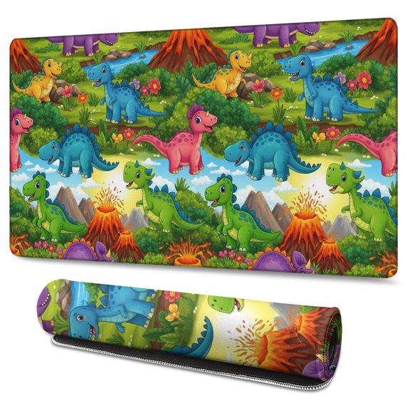 Long Mouse Pads for Desk,Colorful Dinosaurs Volcano Pattern Desk Mats on Top Of Desks, Desk Mouse Pad Extra Large with 3mm Non-Slip Base and Stitched Edge for Gaming,Office,Work,Home 47.3"x23.6"
