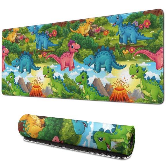 Long Mouse Pads for Desk,Colorful Dinosaurs Volcano Pattern Desk Mats on Top Of Desks, Desk Mouse Pad Extra Large with 3mm Non-Slip Base and Stitched Edge for Gaming,Office,Work,Home 31.5"x11.8"