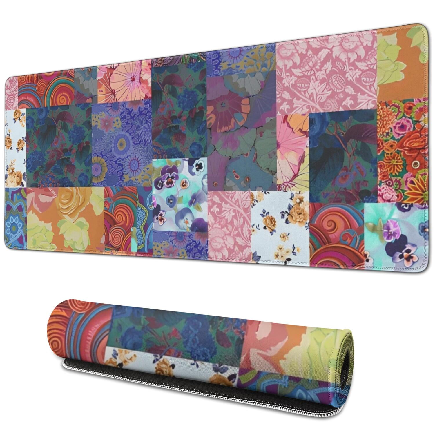 Long Mouse Pads for Desk,Colorful Pioneer Flower Patchwork Desk Mats on Top Of Desks, Desk Mouse Pad Extra Large with 3mm Non-Slip Base and Stitched Edge for Gaming,Office,Work,Home 31.5"x11.8"
