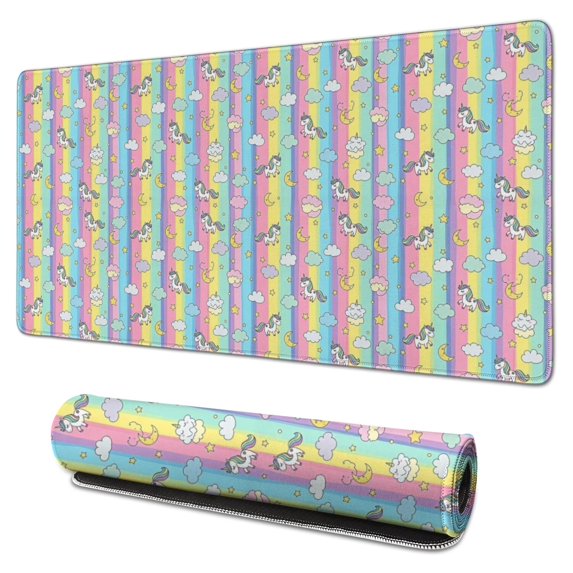 Long Mouse Pads for Desk,Colorful Striped Cartoon Unicorn Pattern Desk Mats on Top Of Desks, Desk Mouse Pad Extra Large with 3mm Non-Slip Base and Stitched Edge for Gaming,Office,Work,Home 31.5"x15.7"