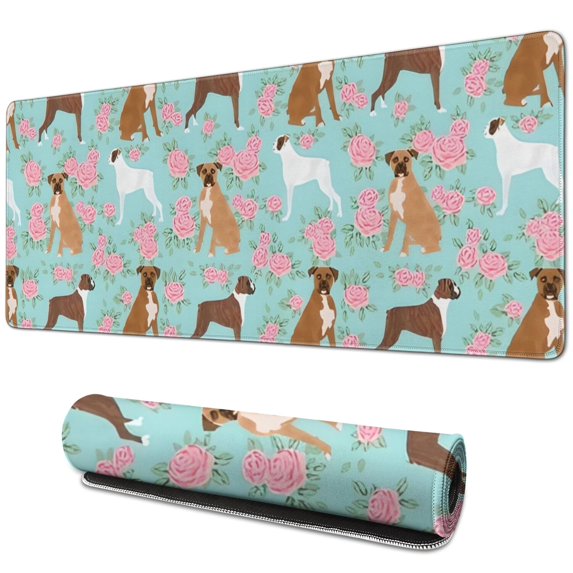 Long Mouse Pads for Desk,Cute Boxer Dog and Flowers Florals Desk Mats on Top Of Desks, Desk Mouse Pad Extra Large with 3mm Non-Slip Base and Stitched Edge for Gaming,Office,Work,Home 31.5"x11.8"