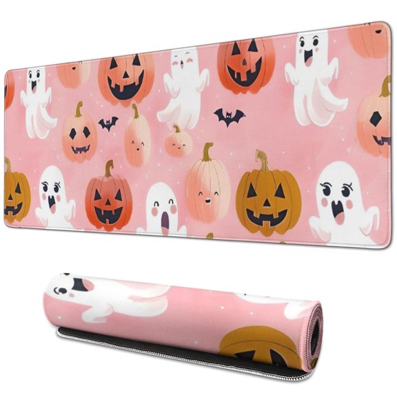Long Mouse Pads for Desk,Cute Ghost Pumpkin Halloween Pattern Desk Mats on Top Of Desks, Desk Mouse Pad Extra Large with 3mm Non-Slip Base and Stitched Edge for Gaming,Office,Work,Home 31.5"x11.8"