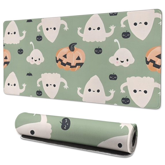 Long Mouse Pads for Desk,Cute Halloween Ghost Pumpkin Pattern Desk Mats on Top Of Desks, Desk Mouse Pad Extra Large with 3mm Non-Slip Base and Stitched Edge for Gaming,Office,Work,Home 35.4"x15.7"