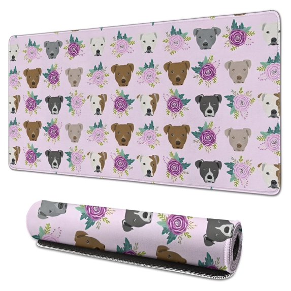 Long Mouse Pads for Desk,Cute Pitbull Terriers Dog and Flower Desk Mats on Top Of Desks, Desk Mouse Pad Extra Large with 3mm Non-Slip Base and Stitched Edge for Gaming,Office,Work,Home 31.5"x15.7"