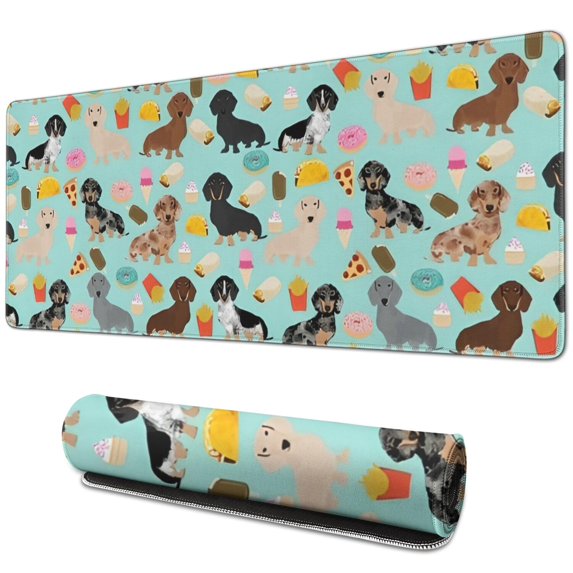 Long Mouse Pads for Desk,Dachshund Dog and Pizza Desk Mats on Top Of Desks, Desk Mouse Pad Extra Large with 3mm Non-Slip Base and Stitched Edge for Gaming,Office,Work,Home 31.5"x11.8"