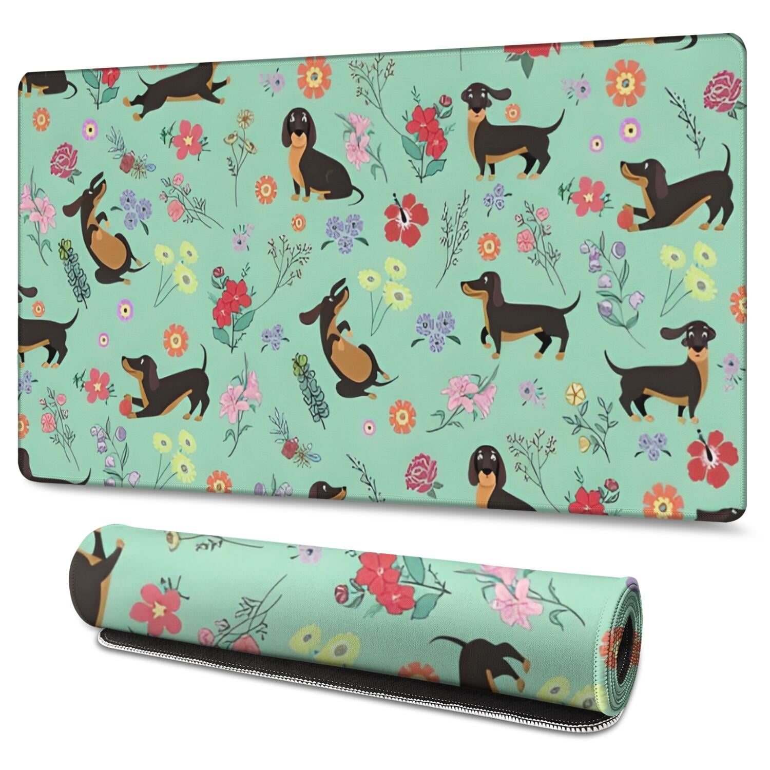 Long Mouse Pads for Desk,Dachshunds and Pioneer Flower Desk Mats on Top Of Desks, Desk Mouse Pad Extra Large with 3mm Non-Slip Base and Stitched Edge for Gaming,Office,Work,Home 47.3"x23.6"