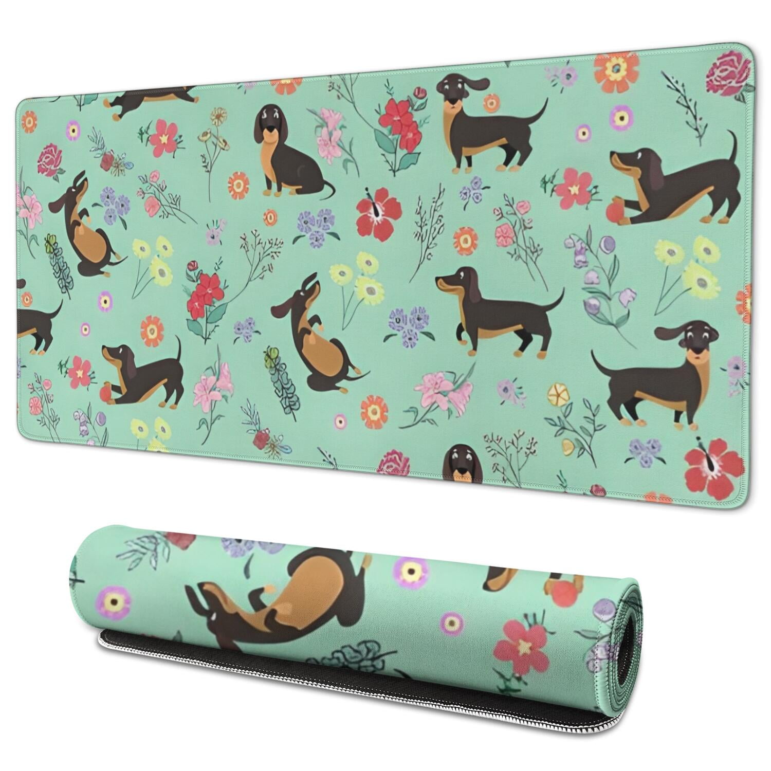 Long Mouse Pads for Desk,Dachshunds and Pioneer Flower Desk Mats on Top Of Desks, Desk Mouse Pad Extra Large with 3mm Non-Slip Base and Stitched Edge for Gaming,Office,Work,Home 35.4"x15.7"