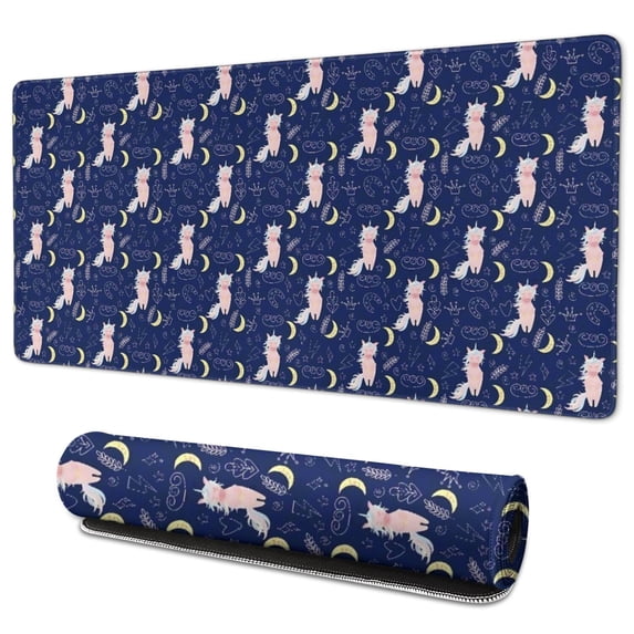 Long Mouse Pads for Desk,Dark Blue Cartoon Cat Unicorn (2) Desk Mats on Top Of Desks, Desk Mouse Pad Extra Large with 3mm Non-Slip Base and Stitched Edge for Gaming,Work,Home 35.4"x15.7"