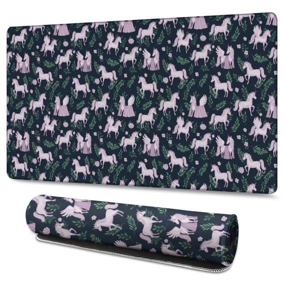Long Mouse Pads for Desk,Dark Blue Cartoon Unicorn Leaf Pattern Desk Mats on Top Of Desks, Desk Mouse Pad Extra Large with 3mm Non-Slip Base and Stitched Edge for Gaming,Office,Work,Home 47.3"x23.6"