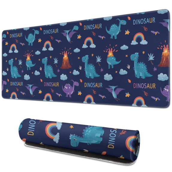 Long Mouse Pads for Desk,Dark Blue Dinosaur Volcano Pattern Desk Mats on Top Of Desks, Desk Mouse Pad Extra Large with 3mm Non-Slip Base and Stitched Edge for Gaming,Office,Work,Home 31.5"x11.8"