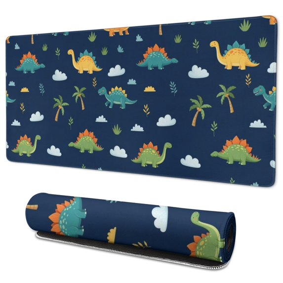 Long Mouse Pads for Desk,Dark Blue Dinosaurs Palms Clouds Pattern Desk Mats on Top Of Desks, Desk Mouse Pad Extra Large with 3mm Non-Slip Base and Stitched Edge for Gaming,Office,Work,Home 35.4"x15.7"