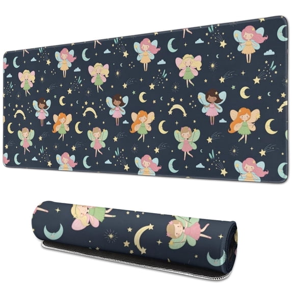 Long Mouse Pads for Desk,Dark Blue Fairy Princess Pattern Desk Mats on Top Of Desks, Desk Mouse Pad Extra Large with 3mm Non-Slip Base and Stitched Edge for Gaming,Office,Work,Home 31.5"x11.8"