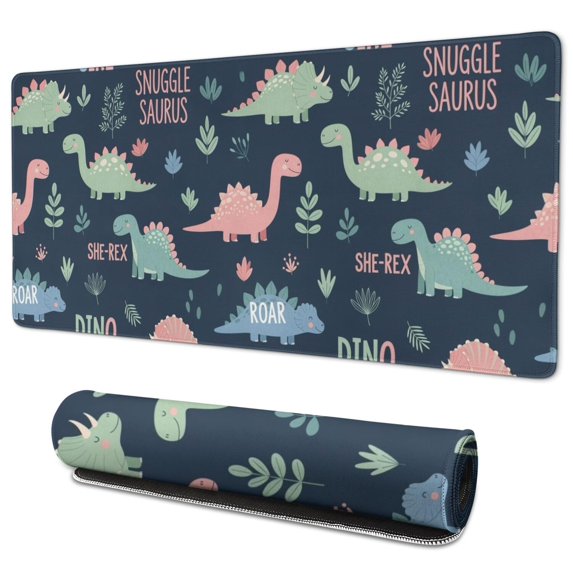 Long Mouse Pads for Desk,Dark Blue Girl Themed Dinosaurs Pattern Desk Mats on Top Of Desks, Desk Mouse Pad Extra Large with 3mm Non-Slip Base and Stitched Edge for Gaming,Office,Work,Home 35.4"x15.7"
