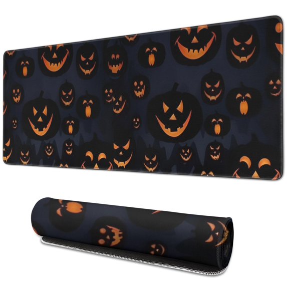 Long Mouse Pads for Desk,Dark Blue Halloween Pumpkin Faces Desk Mats on Top Of Desks, Desk Mouse Pad Extra Large with 3mm Non-Slip Base and Stitched Edge for Gaming,Office,Work,Home 31.5"x11.8"