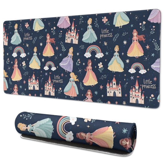 Long Mouse Pads for Desk,Dark Blue Little Princess Pattern Desk Mats on Top Of Desks, Desk Mouse Pad Extra Large with 3mm Non-Slip Base and Stitched Edge for Gaming,Office,Work,Home 35.4"x15.7"