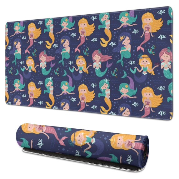 Long Mouse Pads for Desk,Dark Blue Mermaid Princess Pattern Desk Mats on Top Of Desks, Desk Mouse Pad Extra Large with 3mm Non-Slip Base and Stitched Edge for Gaming,Office,Work,Home 31.5"x15.7"
