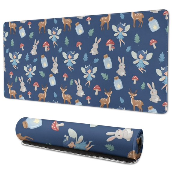 Long Mouse Pads for Desk,Dark Blue Princess Fairy Forest Pattern Desk Mats on Top Of Desks, Desk Mouse Pad Extra Large with 3mm Non-Slip Base and Stitched Edge for Gaming,Office,Work,Home 35.4"x15.7"