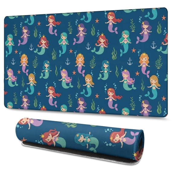 Long Mouse Pads for Desk,Dark Blue Princess Mermaid Sea Pattern Desk Mats on Top Of Desks, Desk Mouse Pad Extra Large with 3mm Non-Slip Base and Stitched Edge for Gaming,Office,Work,Home 47.3"x23.6"