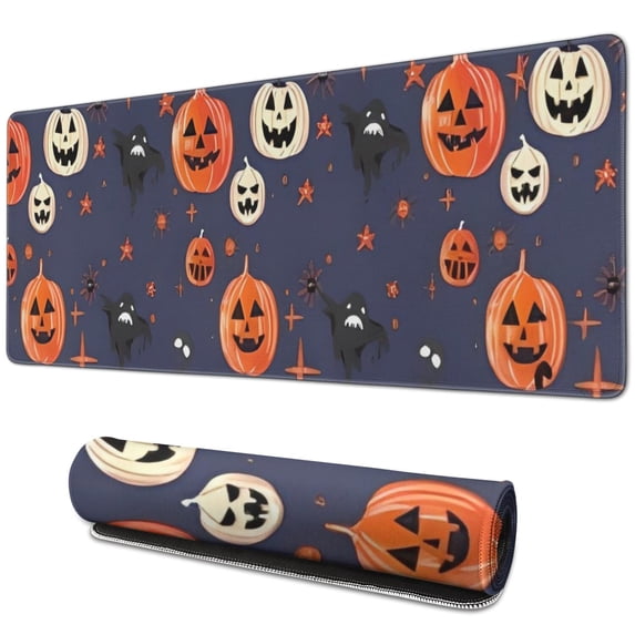 Long Mouse Pads for Desk,Dark Blue Pumpkin Ghost Halloween Desk Mats on Top Of Desks, Desk Mouse Pad Extra Large with 3mm Non-Slip Base and Stitched Edge for Gaming,Work,Home 31.5"x11.8"