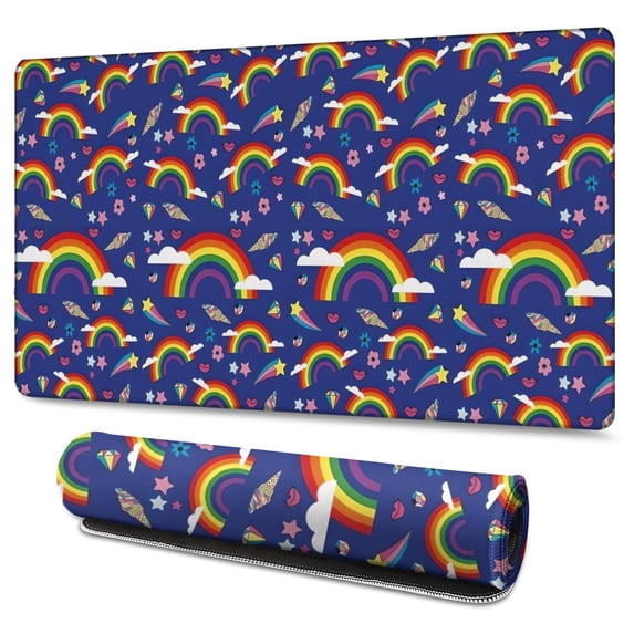 Long Mouse Pads for Desk,Dark Blue Rainbow Pattern Desk Mats on Top Of Desks, Desk Mouse Pad Extra Large with 3mm Non-Slip Base and Stitched Edge for Gaming,Office,Work,Home 47.3"x23.6"
