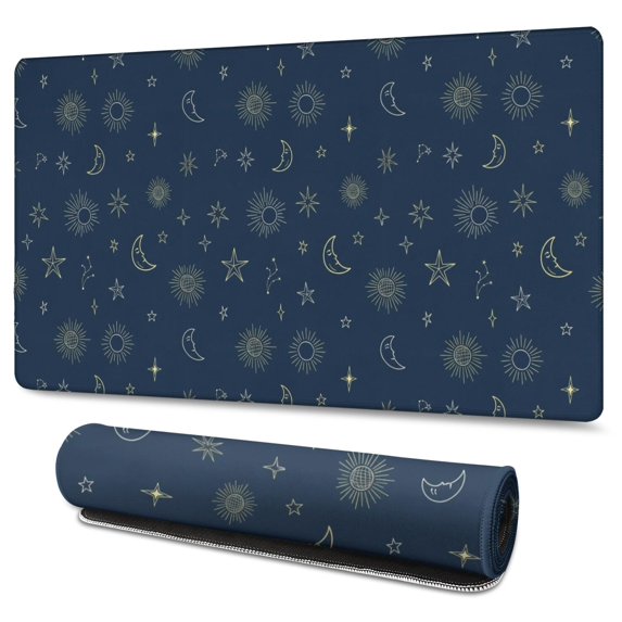 Long Mouse Pads for Desk,Dark Blue Star Moon Sun Pattern Desk Mats on Top Of Desks, Desk Mouse Pad Extra Large with 3mm Non-Slip Base and Stitched Edge for Gaming,Office,Work,Home 47.3"x23.6"