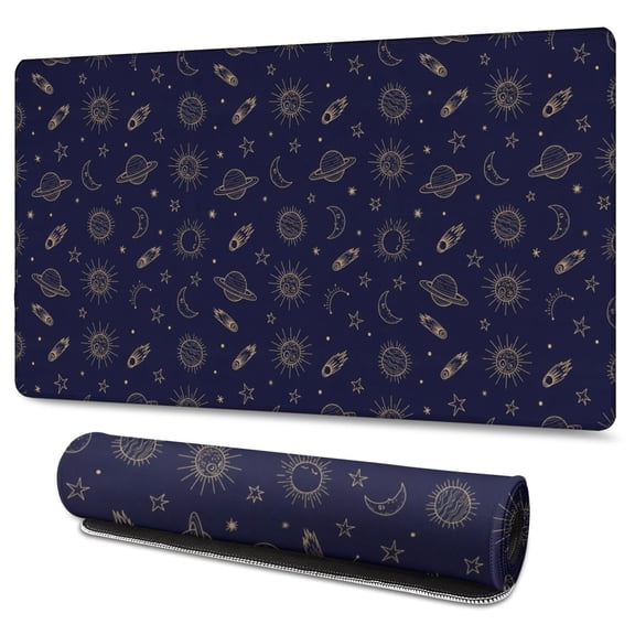 Long Mouse Pads for Desk,Dark Blue Star Moon Sun Planet Rocket Desk Mats on Top Of Desks, Desk Mouse Pad Extra Large with 3mm Non-Slip Base and Stitched Edge for Gaming,Work,Home 47.3"x23.6"