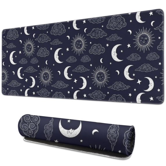 Long Mouse Pads for Desk,Dark Blue Sun Moon Cloud Pattern Desk Mats on Top Of Desks, Desk Mouse Pad Extra Large with 3mm Non-Slip Base and Stitched Edge for Gaming,Office,Work,Home 31.5"x11.8"