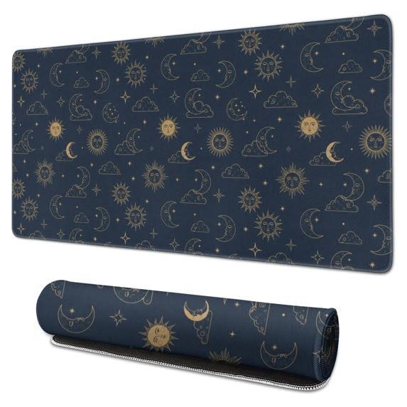 Long Mouse Pads for Desk,Dark Blue Sun Moon Cloud Star Pattern Desk Mats on Top Of Desks, Desk Mouse Pad Extra Large with 3mm Non-Slip Base and Stitched Edge for Gaming,Office,Work,Home 31.5"x15.7"