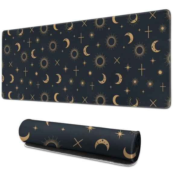 Long Mouse Pads for Desk,Dark Blue Sun Moon Cross Pattern Desk Mats on Top Of Desks, Desk Mouse Pad Extra Large with 3mm Non-Slip Base and Stitched Edge for Gaming,Office,Work,Home 31.5"x11.8"