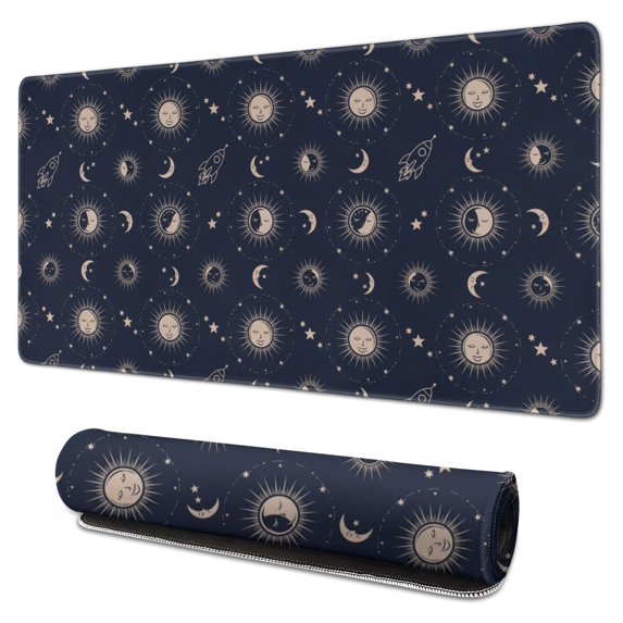 Long Mouse Pads for Desk,Dark Blue Sun Moon Rocket Pattern Desk Mats on Top Of Desks, Desk Mouse Pad Extra Large with 3mm Non-Slip Base and Stitched Edge for Gaming,Office,Work,Home 31.5"x15.7"