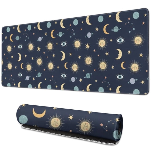 Long Mouse Pads for Desk,Dark Blue Sun Moon Star Eye Planet Desk Mats on Top Of Desks, Desk Mouse Pad Extra Large with 3mm Non-Slip Base and Stitched Edge for Gaming,Work,Home 31.5"x11.8"