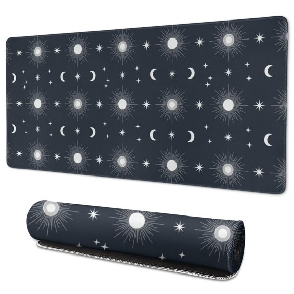 Long Mouse Pads for Desk,Dark Blue Sun Moon Star Pattern Desk Mats on Top Of Desks, Desk Mouse Pad Extra Large with 3mm Non-Slip Base and Stitched Edge for Gaming,Office,Work,Home 35.4"x15.7"