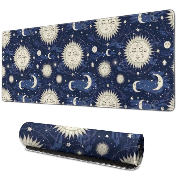 Long Mouse Pads for Desk,Dark Blue Sun Moon Star Pattern Desk Mats on Top Of Desks, Desk Mouse Pad Extra Large with 3mm Non-Slip Base and Stitched Edge for Gaming,Office,Work,Home 31.5"x11.8"
