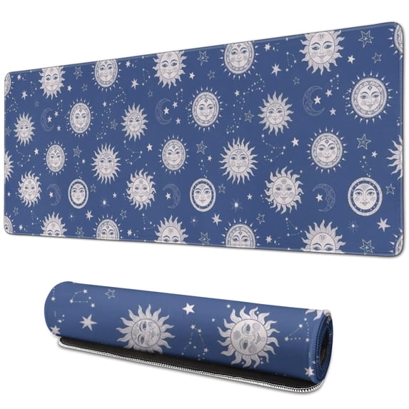 Long Mouse Pads for Desk,Dark Blue Sun Moon Star Pattern Desk Mats on Top Of Desks, Desk Mouse Pad Extra Large with 3mm Non-Slip Base and Stitched Edge for Gaming,Office,Work,Home 31.5"x11.8"