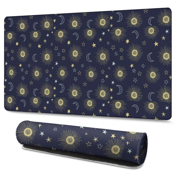Long Mouse Pads for Desk,Dark Blue Sun Moon Star Pattern Desk Mats on Top Of Desks, Desk Mouse Pad Extra Large with 3mm Non-Slip Base and Stitched Edge for Gaming,Office,Work,Home 47.3"x23.6"