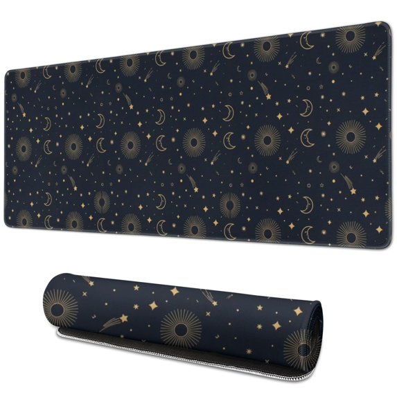 Long Mouse Pads for Desk,Dark Blue Sun Moon Star Pattern Desk Mats on Top Of Desks, Desk Mouse Pad Extra Large with 3mm Non-Slip Base and Stitched Edge for Gaming,Office,Work,Home 31.5"x11.8"