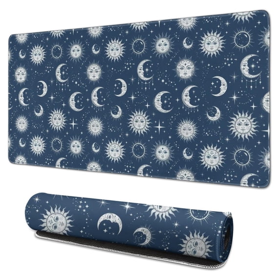 Long Mouse Pads for Desk,Dark Blue Sun Moon Star Pattern Desk Mats on Top Of Desks, Desk Mouse Pad Extra Large with 3mm Non-Slip Base and Stitched Edge for Gaming,Office,Work,Home 31.5"x15.7"