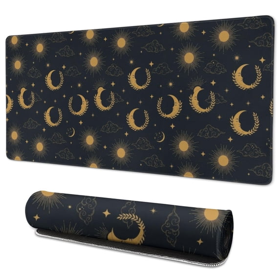Long Mouse Pads for Desk,Dark Blue Sun Moon Wreath Pattern Desk Mats on Top Of Desks, Desk Mouse Pad Extra Large with 3mm Non-Slip Base and Stitched Edge for Gaming,Office,Work,Home 35.4"x15.7"