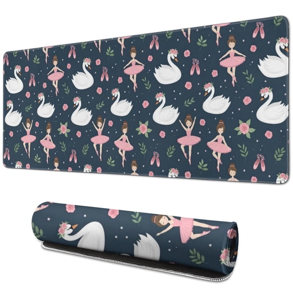 Long Mouse Pads for Desk,Dark Blue Swan Ballerina Pattern Desk Mats on Top Of Desks, Desk Mouse Pad Extra Large with 3mm Non-Slip Base and Stitched Edge for Gaming,Office,Work,Home 31.5"x11.8"