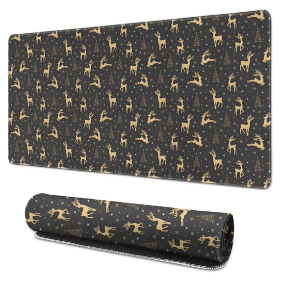 Long Mouse Pads for Desk,Dark Christmas Golden Reindeer Pattern Desk Mats on Top Of Desks, Desk Mouse Pad Extra Large with 3mm Non-Slip Base and Stitched Edge for Gaming,Office,Work,Home 31.5x15.7in
