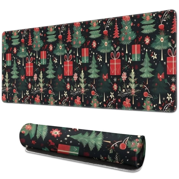 Long Mouse Pads for Desk,Dark Christmas Tree and Gift Pattern Desk Mats on Top Of Desks, Desk Mouse Pad Extra Large with 3mm Non-Slip Base and Stitched Edge for Gaming,Office,Work,Home 31.5x11.8in
