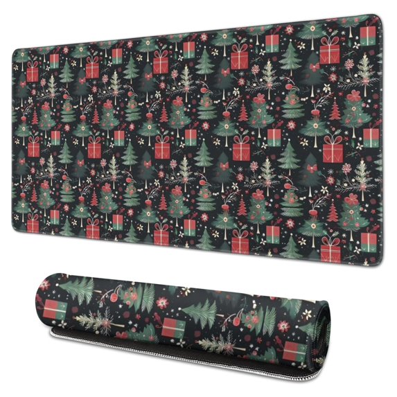 Long Mouse Pads for Desk,Dark Christmas Tree and Gift Pattern Desk Mats on Top Of Desks, Desk Mouse Pad Extra Large with 3mm Non-Slip Base and Stitched Edge for Gaming,Office,Work,Home 31.5x15.7in