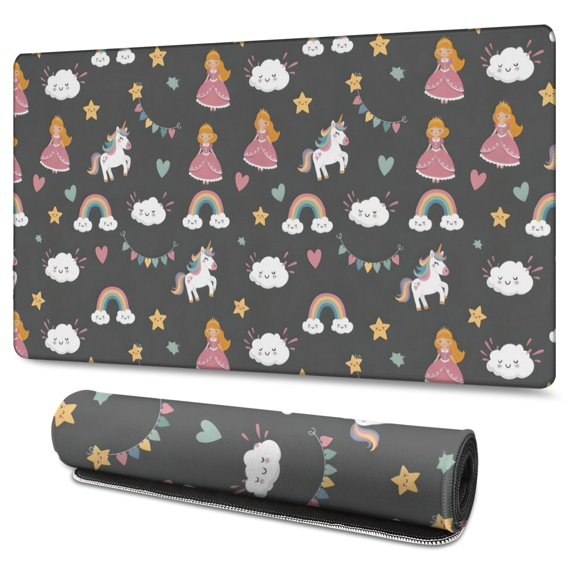 Long Mouse Pads for Desk,Dark Gray Princess Unicorn Cloud Pattern Desk Mats on Top Of Desks, Desk Mouse Pad Extra Large with 3mm Non-Slip Base and Stitched Edge for Gaming,Office,Work,Home 47.3"x23.6"