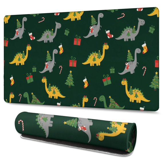 Long Mouse Pads for Desk,Dark Green Dinosaurs Christmas Pattern Desk Mats on Top Of Desks, Desk Mouse Pad Extra Large with 3mm Non-Slip Base and Stitched Edge for Gaming,Office,Work,Home 47.3"x23.6"